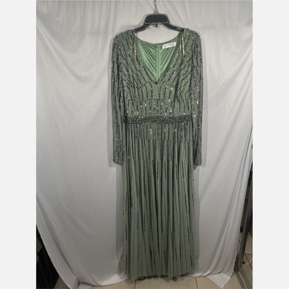 NEW $598 Mac Duggal [ 16 ] Sequined Illusion Long Sleeve A-line Gown‎ Sage Green - Picture 7 of 14